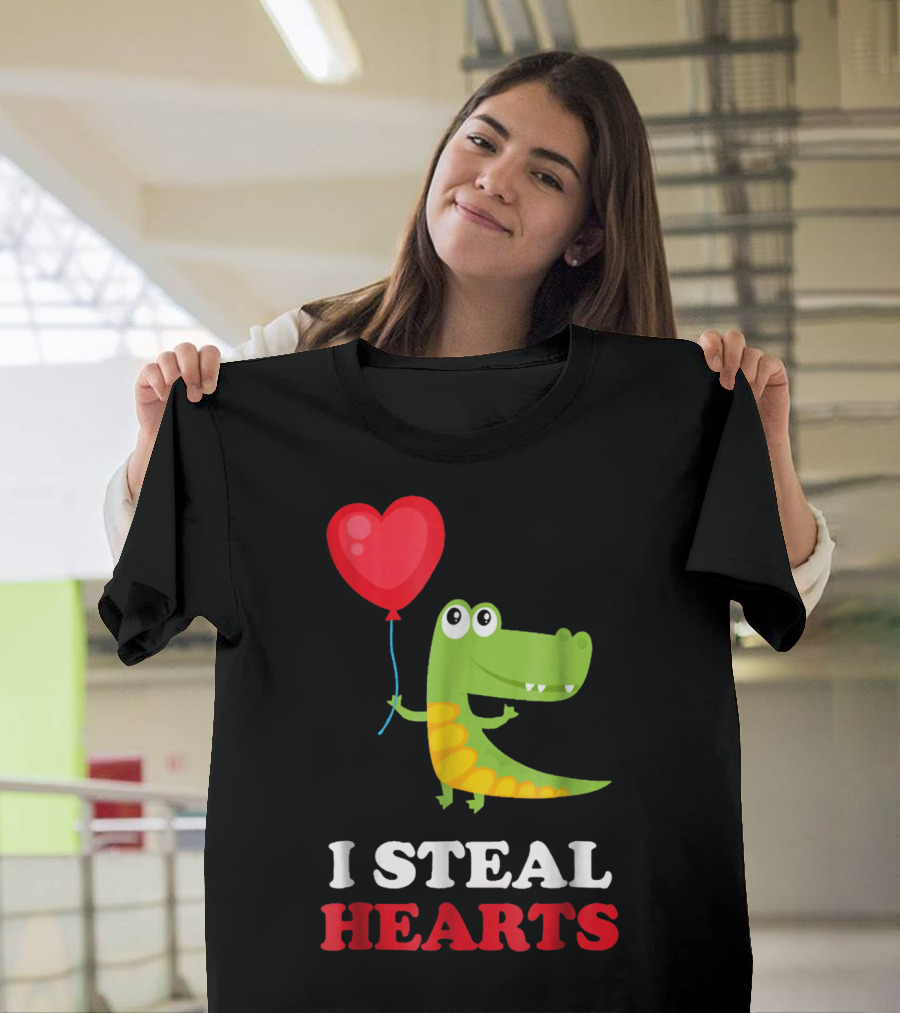 I Steal Hearts Dinosaur Holding Balloon Valentines Day T-Shirt