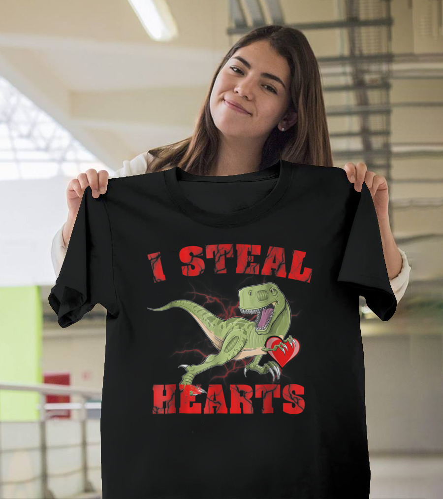 I Steal Hearts Valentine's Day Dinosaur Rex E2 Funny T-Rex Holding Heart T-Shirt