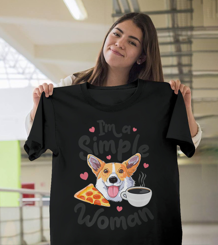 I'm A Simple Woman Corgi Dog Coffee Pizza Hearts T-Shirt