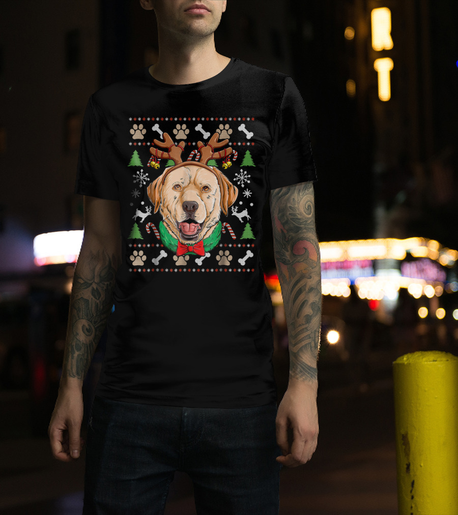 Labrador Reindeer Antlers Ugly Christmas Dog With Candy Canes And Paw Prints T-Shirt