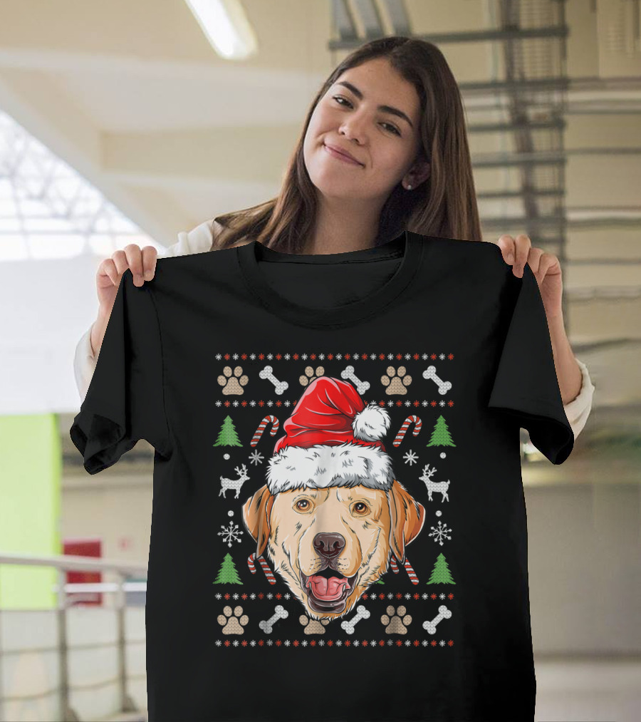 Labrador Ugly Christmas Sweater Santa Hat Xmas Dog Candy Cane Paw Print Snowflake T-Shirt