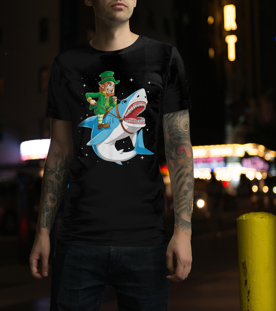 Leprechaun On Great White Shark With Starry Background T-Shirt