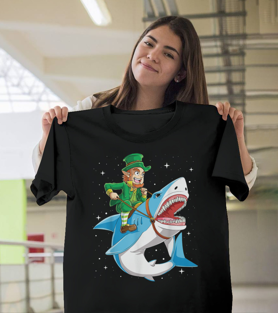 Leprechaun On Great White Shark With Starry Background T-Shirt