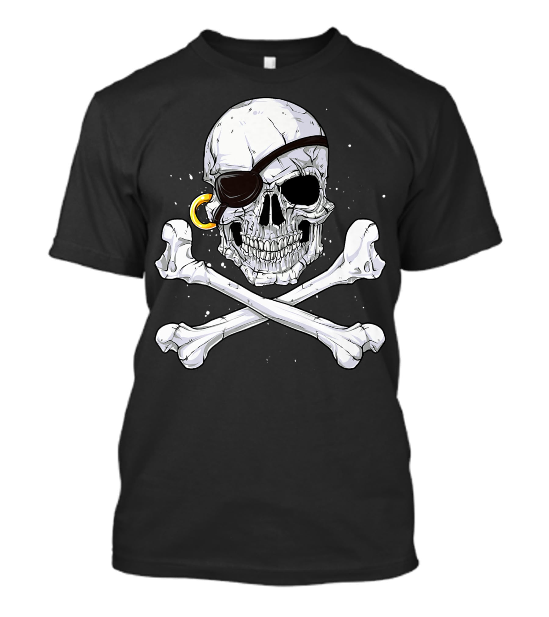 Jolly Roger Skull Crossbones Pirate Eye Patch Gold Earring T-Shirt