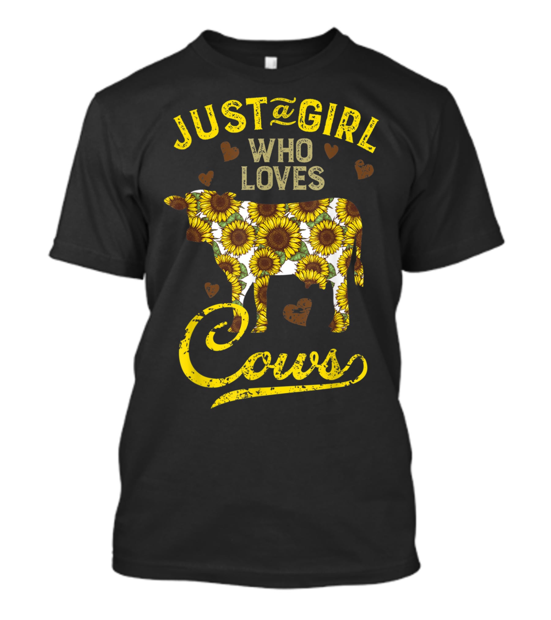 Just A Girl Who Loves Cows Sunflower Farm Sunflower Patterned Cow With Hearts T-Shirt