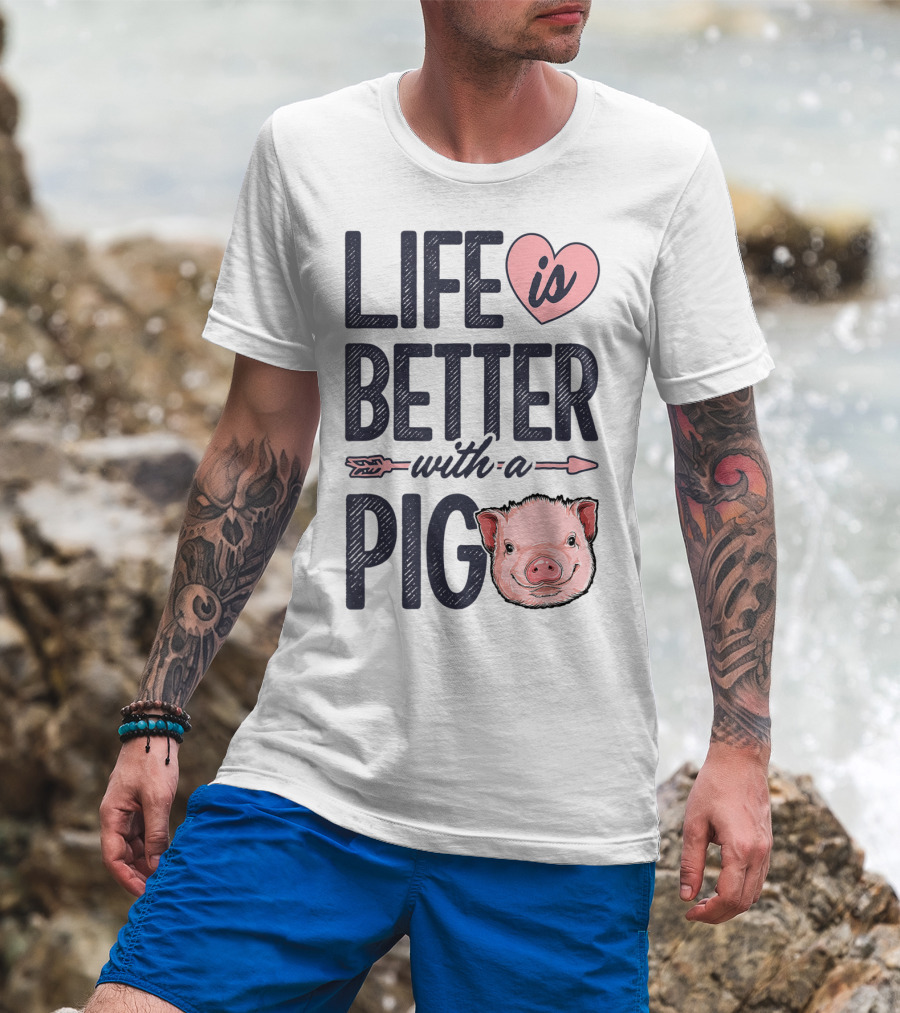 Life Is Better With A Pig Pigs Farm Farmer Pig Face Heart Arrow T-Shirt