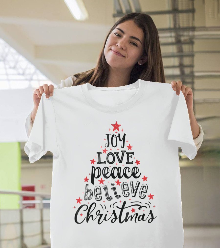 Joy Love Peace Believe Christmas Tree With Stars T-Shirt