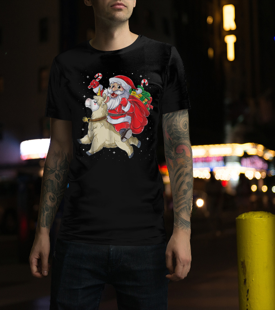 Santa Claus Riding Llamacorn Unicorn With Candy Canes And Gifts T-Shirt