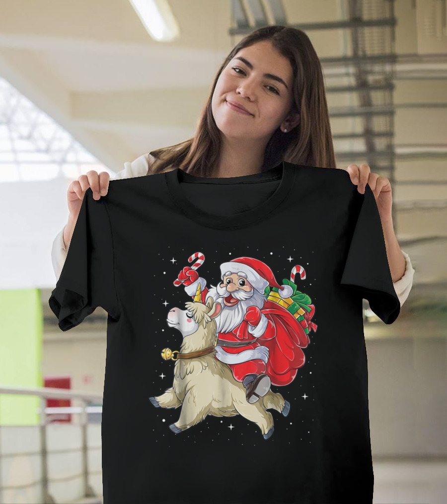 Santa Claus Riding Llamacorn Unicorn With Candy Canes And Gifts T-Shirt