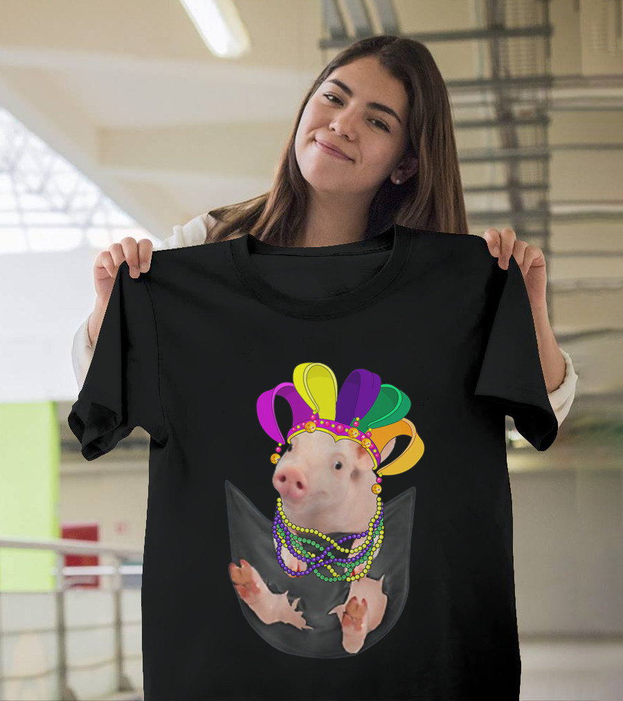 Mardi Gras Pig In Your Pocket with Colorful Beads and Jester Hat Farm Animal T-Shirt