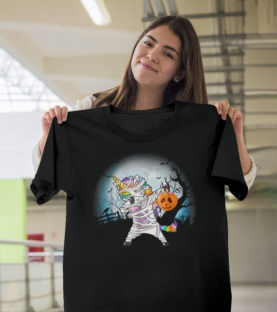 Halloween Mummy Unicorn Dabbing With Pumpkin Basket T-Shirt