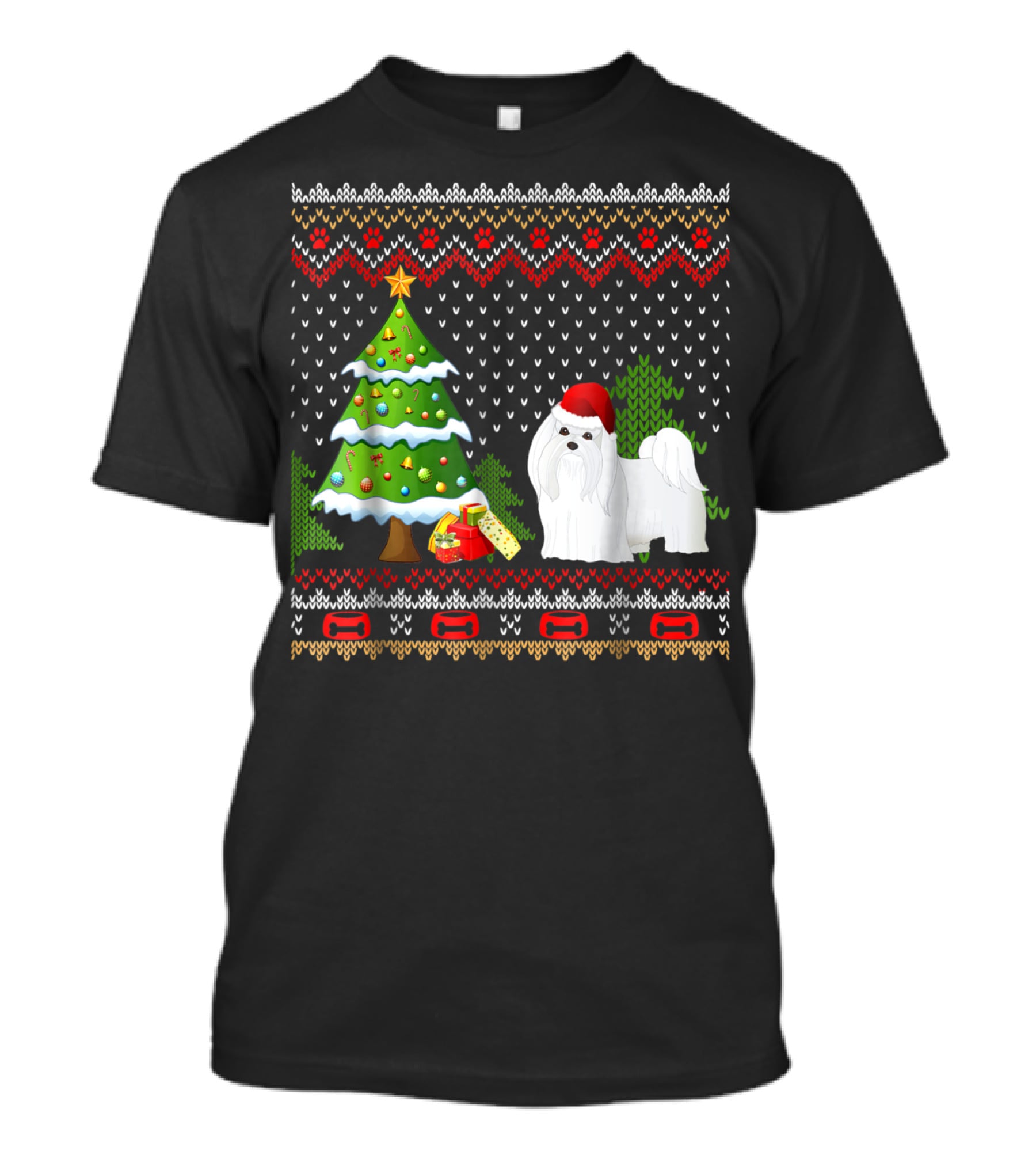 Maltese Santa Christmas UglyDog With Festive Tree And Gifts T-Shirt