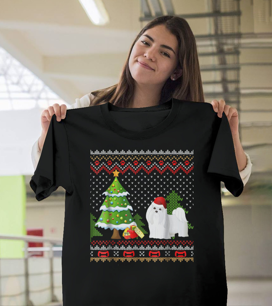 Maltese Santa Christmas UglyDog with Festive Tree and Gifts T-Shirt