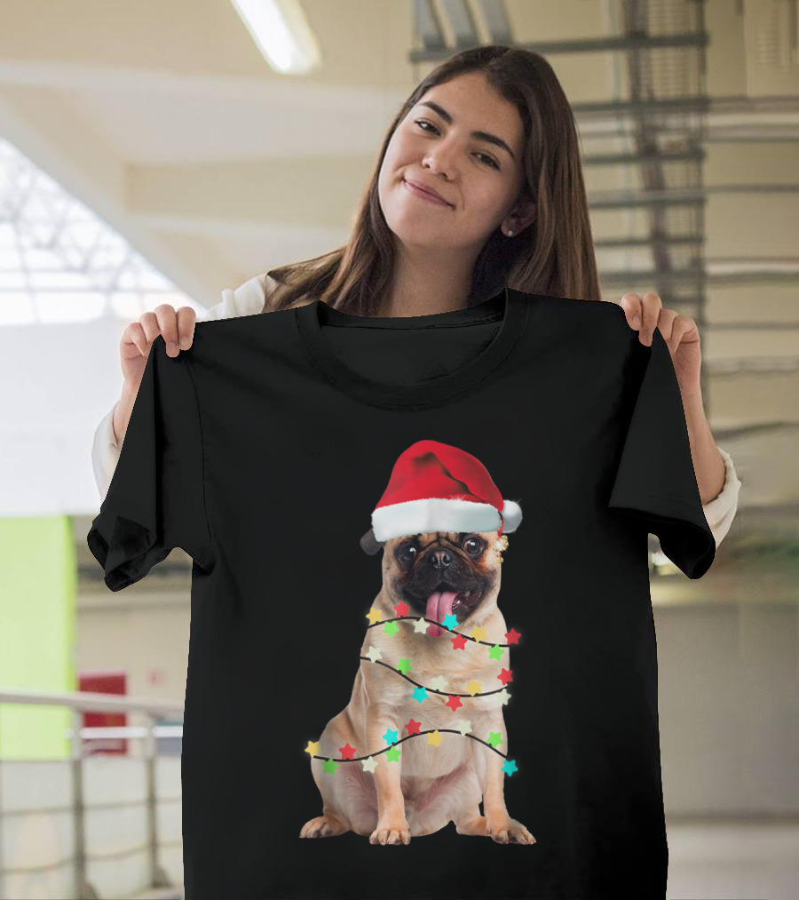 Pug Santa Christmas Light Wrapping Festive Holiday Hat T-Shirt