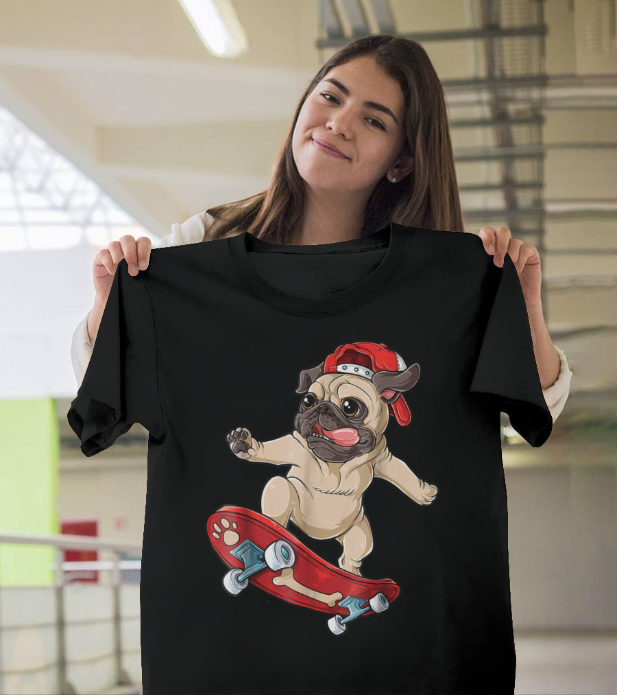 Pug Puppy Skater with Red Hat and Paw Print Skateboard T-Shirt