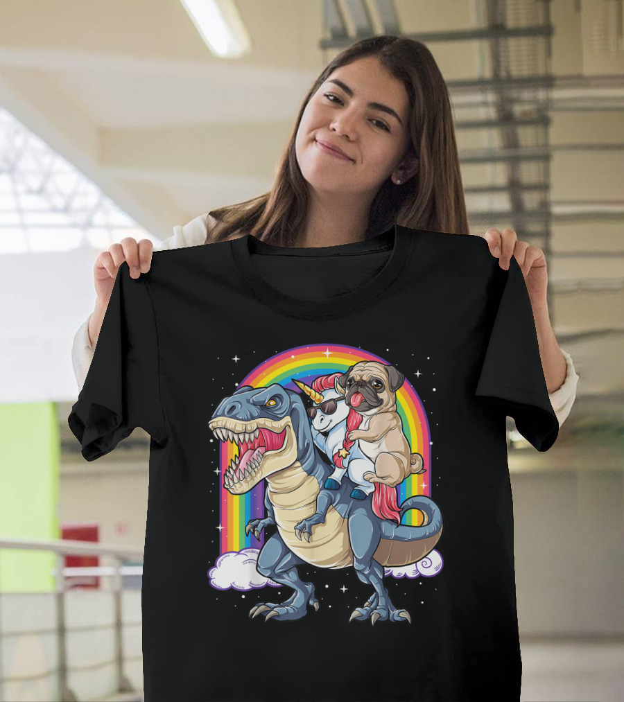 Pug Riding Unicorn Riding Dinosaur Under Rainbow T-Shirt