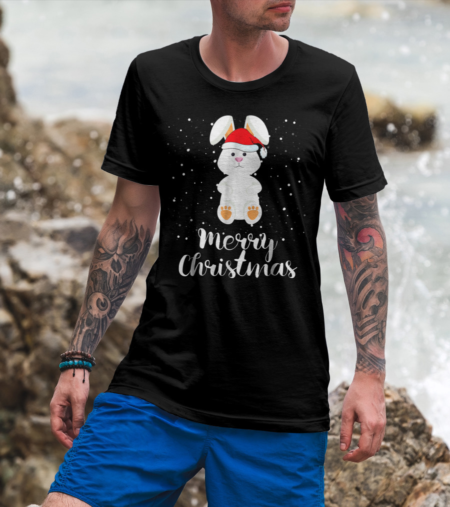 Merry Christmas Rabbit Funny Santa Hat Matching Family Group T-Shirt