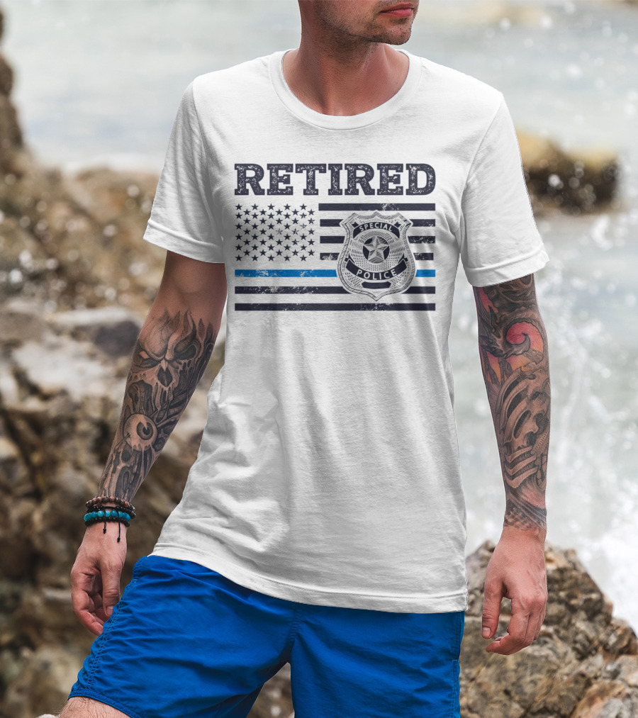 Retied Special Police Badge Thin Blue Line American Flag T-Shirt