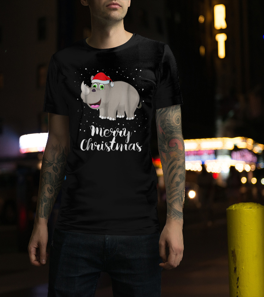 Merry Christmas Rhinoceros Santa Hat Family Group T-Shirt