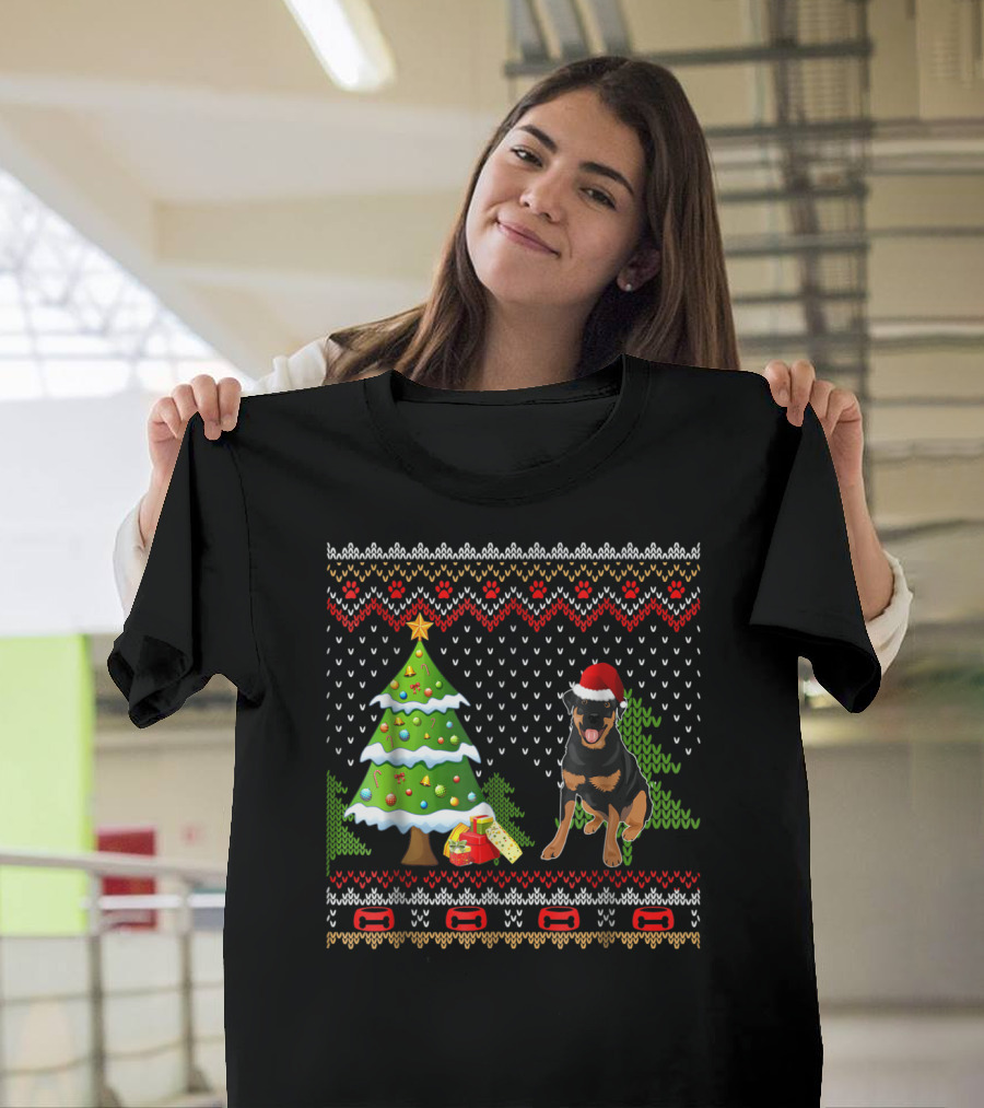 Rottweiler Santa Christmas Ugly Dog Sweater Tree And Gifts T-Shirt