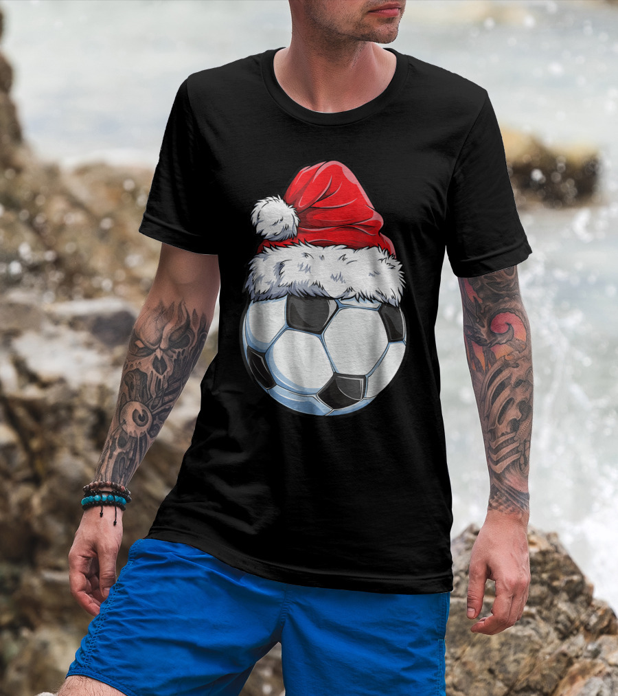 Santa Hat On Soccer Ball Christmas Xmas T-Shirt