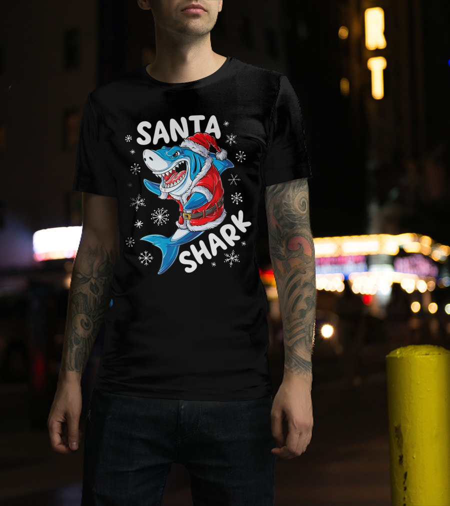 Santa Shark Holiday Cheer Snowflakes T-Shirt
