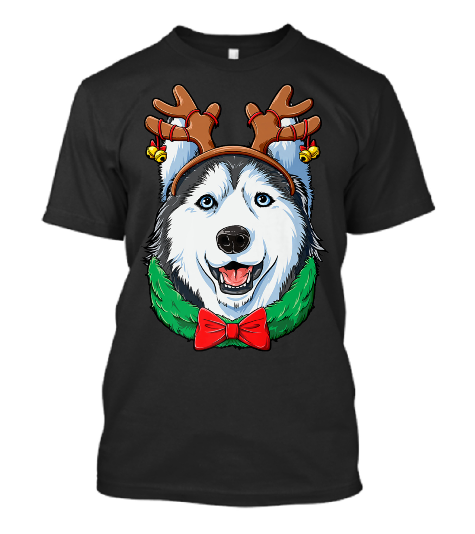 Siberian Husky With Christmas Reindeer Antlers And Festive Bow T-Shirt