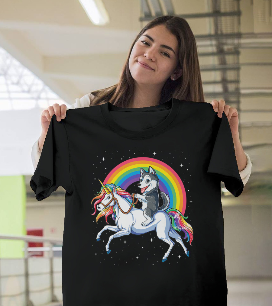Siberian Husky Riding Rainbow Unicorn In Space Galaxy MK Women's T-Shirt