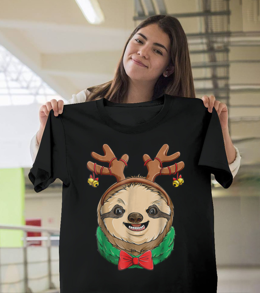 Sloth Christmas Reindeer Antlers Slothmas Xmas Festive Bow and Bells T-Shirt