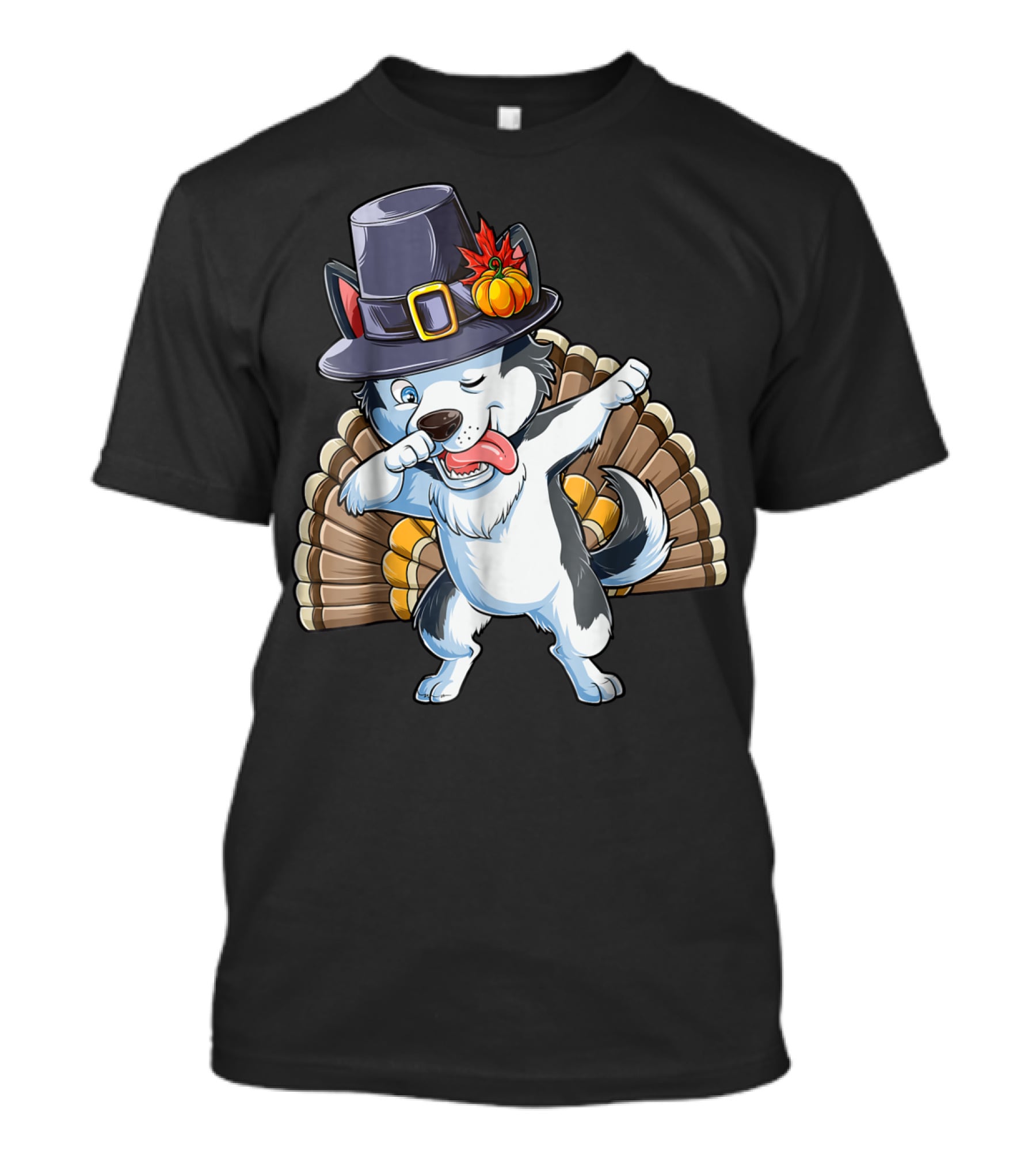 Thanksgiving Dabbing Siberian Husky In Pilgrim Hat With Turkey Feathers T-Shirt