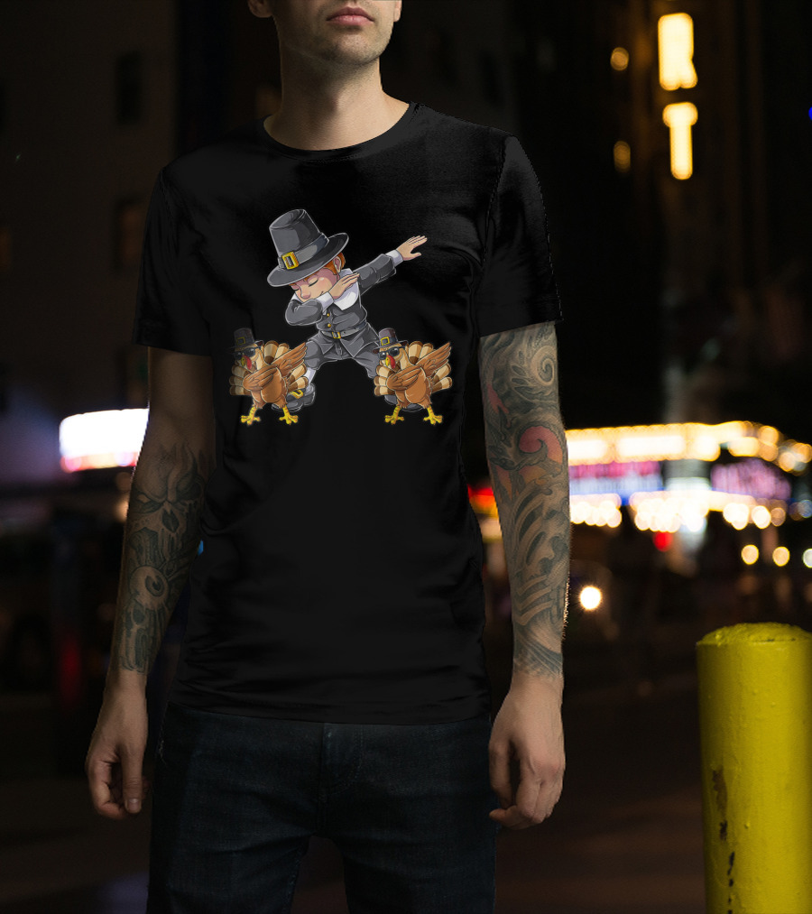 Thanksgiving Dabbing Pilgrim With Turkeys Kids UL T-Shirt