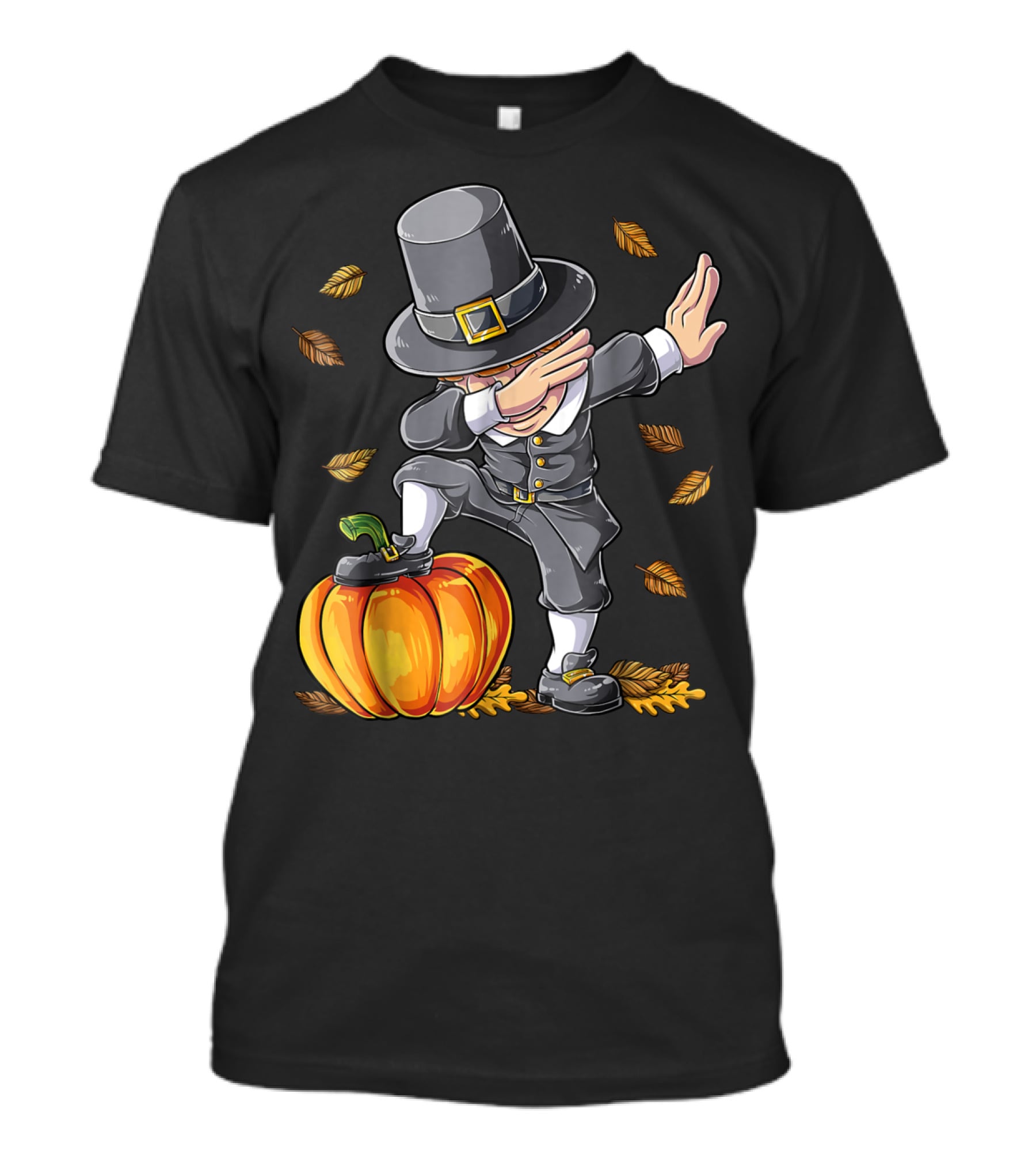 Thanksgiving Pilgrim Dabbing Kid With Pumpkin And Autumn Leaves T-Shirt