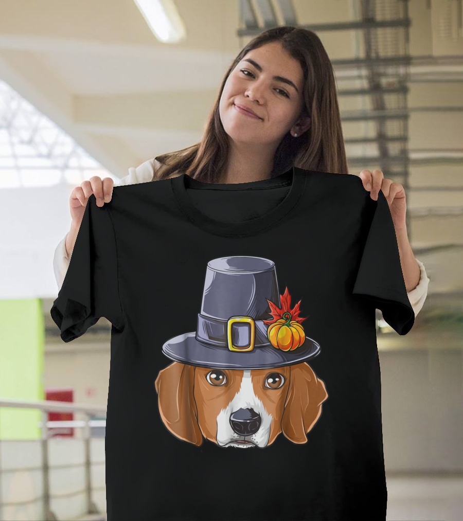 Thanksgiving Beagle Pilgrim Hat Pumpkin Leaf T-Shirt