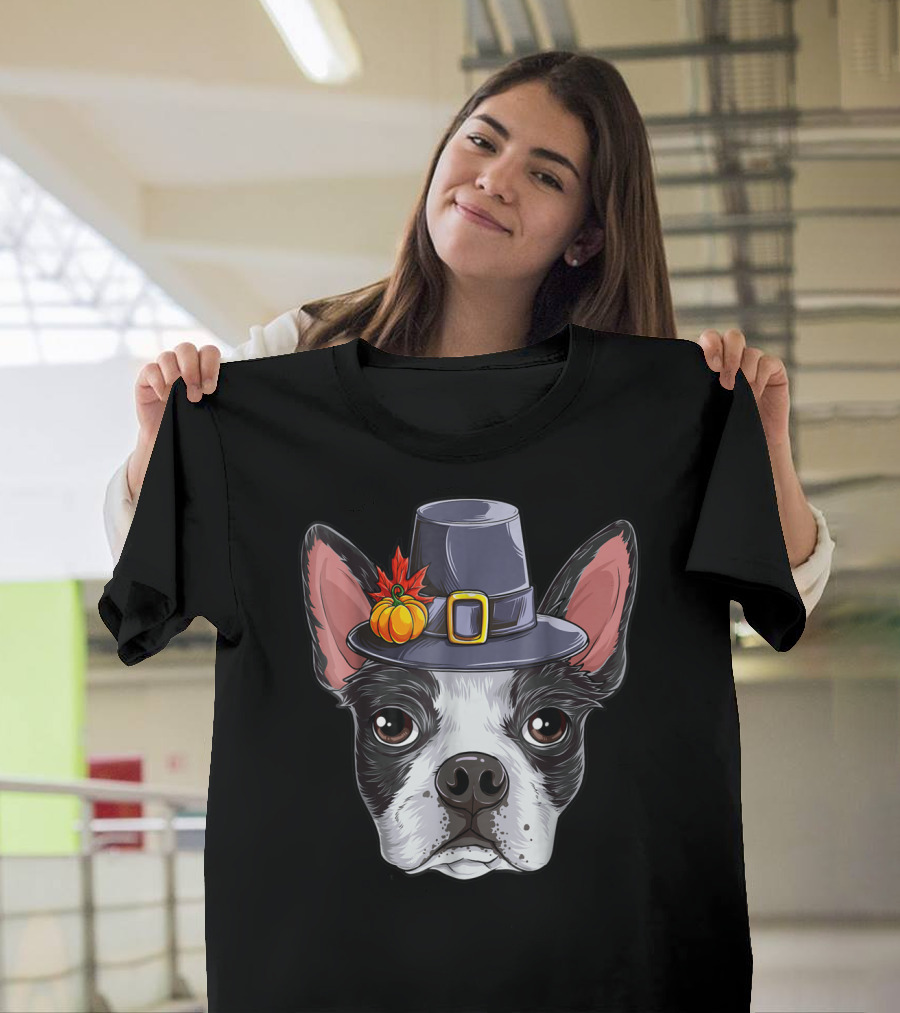 Thanksgiving Boston Terrier Pilgrim Hat Pumpkin T-Shirt