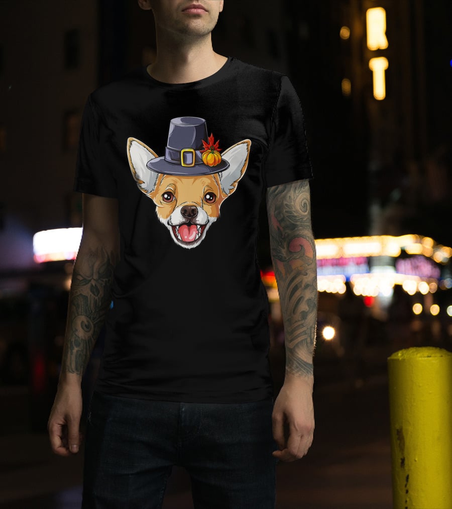 Pilgrim Hat Chihuahua With Thanksgiving Pumpkin And Leaf T-Shirt