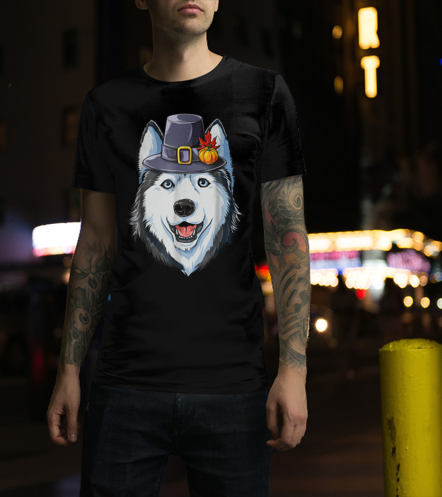 Thanksgiving Pilgrim Hat Siberian Husky With Pumpkin And Maple Leaf T-Shirt