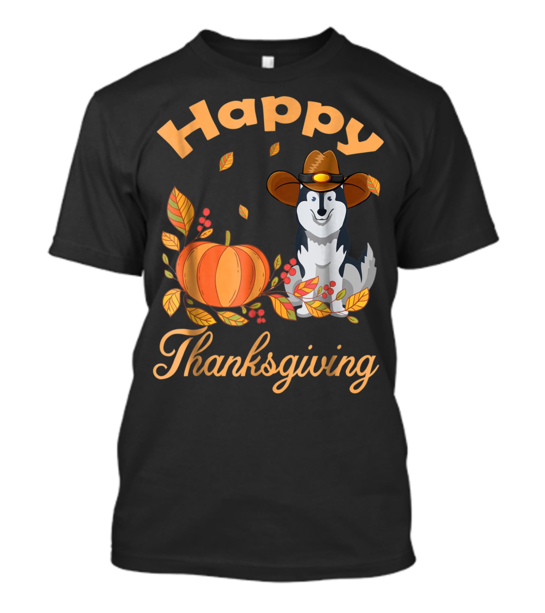 Happy Thanksgiving Siberian Husky With Pumpkin And Fall Leaves T-Shirt