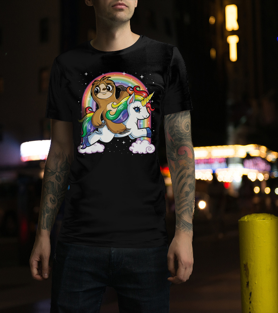 Sloth Riding Unicorn Rainbow Slothicorn Women Kids Fun T-Shirt
