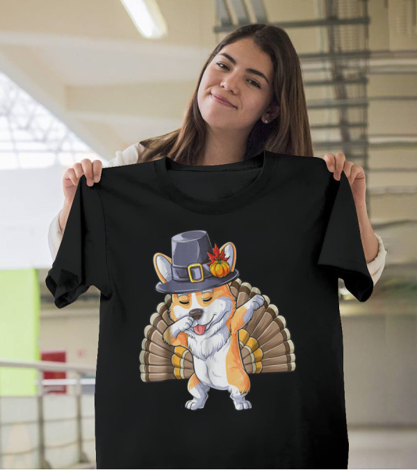 Thanksgiving Pilgrim Corgi Dabbing With Turkey Feathers T-Shirt