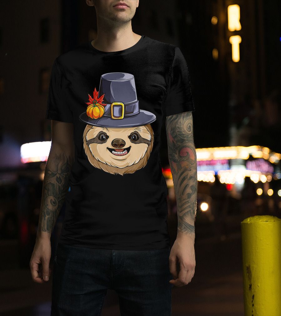 Thanksgiving Sloth With Pilgrim Hat Pumpkin And Autumn Leaves T-Shirt