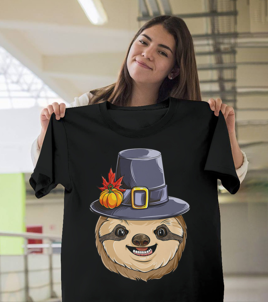 Thanksgiving Sloth with Pilgrim Hat Pumpkin and Autumn Leaves T-Shirt