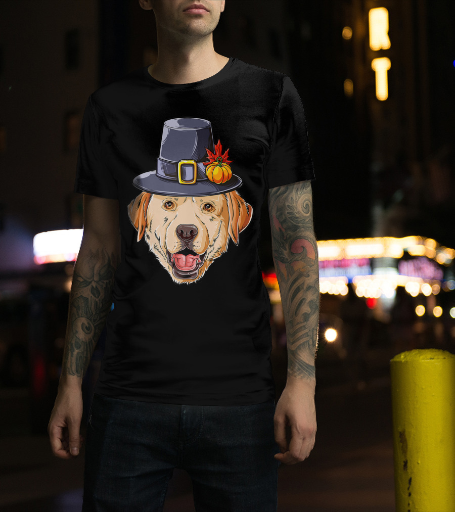 Thanksgiving Dog In Pilgrim Hat With Pumpkin And Leaf T-Shirt