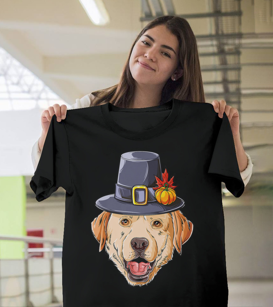 Thanksgiving Dog in Pilgrim Hat with Pumpkin and Leaf T-Shirt
