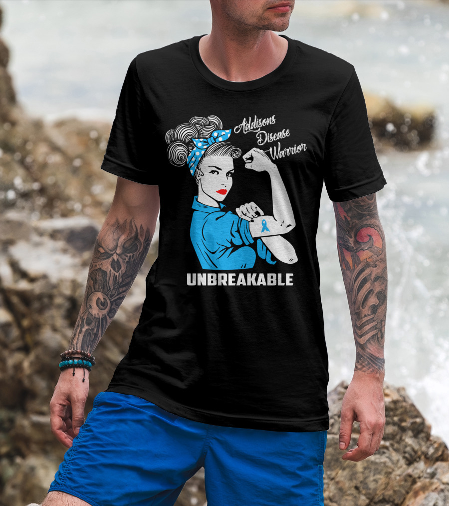 Addisons Disease Warrior Unbreakable Awareness Woman With Ribbon T-Shirt