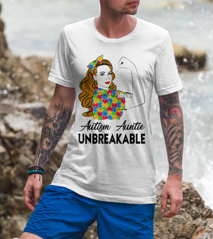 Unbreakable Auntie Autism Awareness Puzzle Colors Rosie The Riveter T-Shirt