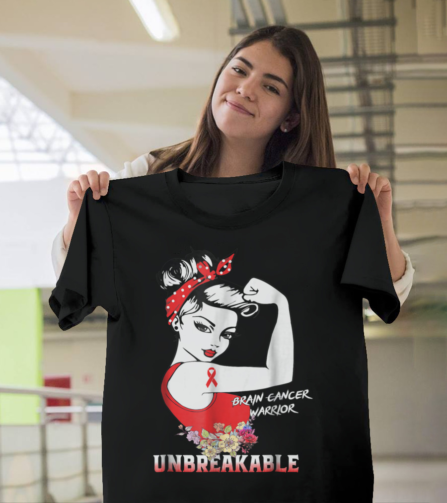 Unbreakable Brain Cancer Warrior with Awareness Ribbon and Floral Accents T-Shirt