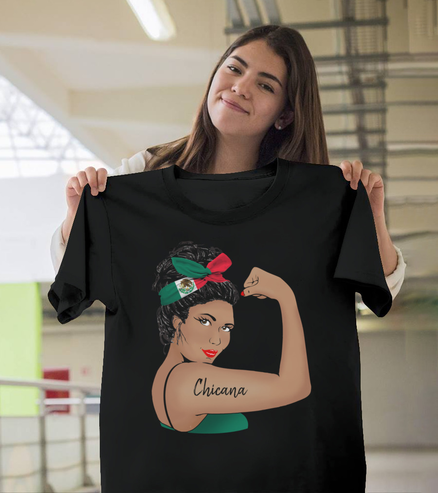 Chicana Girl Flexing With Mexican Flag Hair Wrap Unbreakable Strong T-Shirt