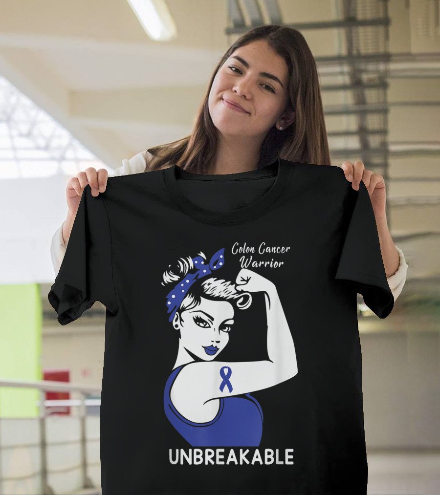 Colon Cancer Warrior Unbreakable Strength Ribbon Rosie The Riveter Inspired T-Shirt