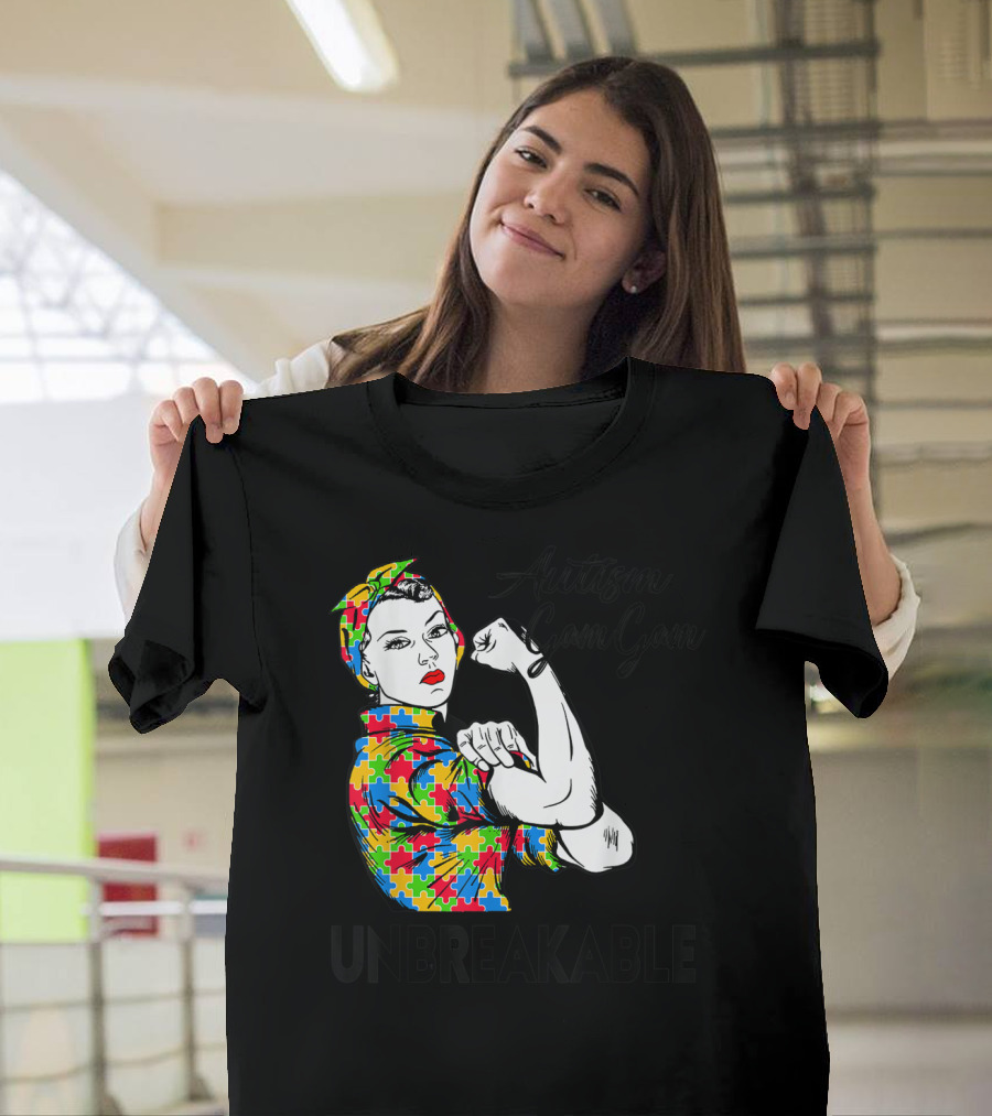 Autism Gam Gam Unbreakable Autism Awareness Puzzle Piece Rosie Flexing T-Shirt