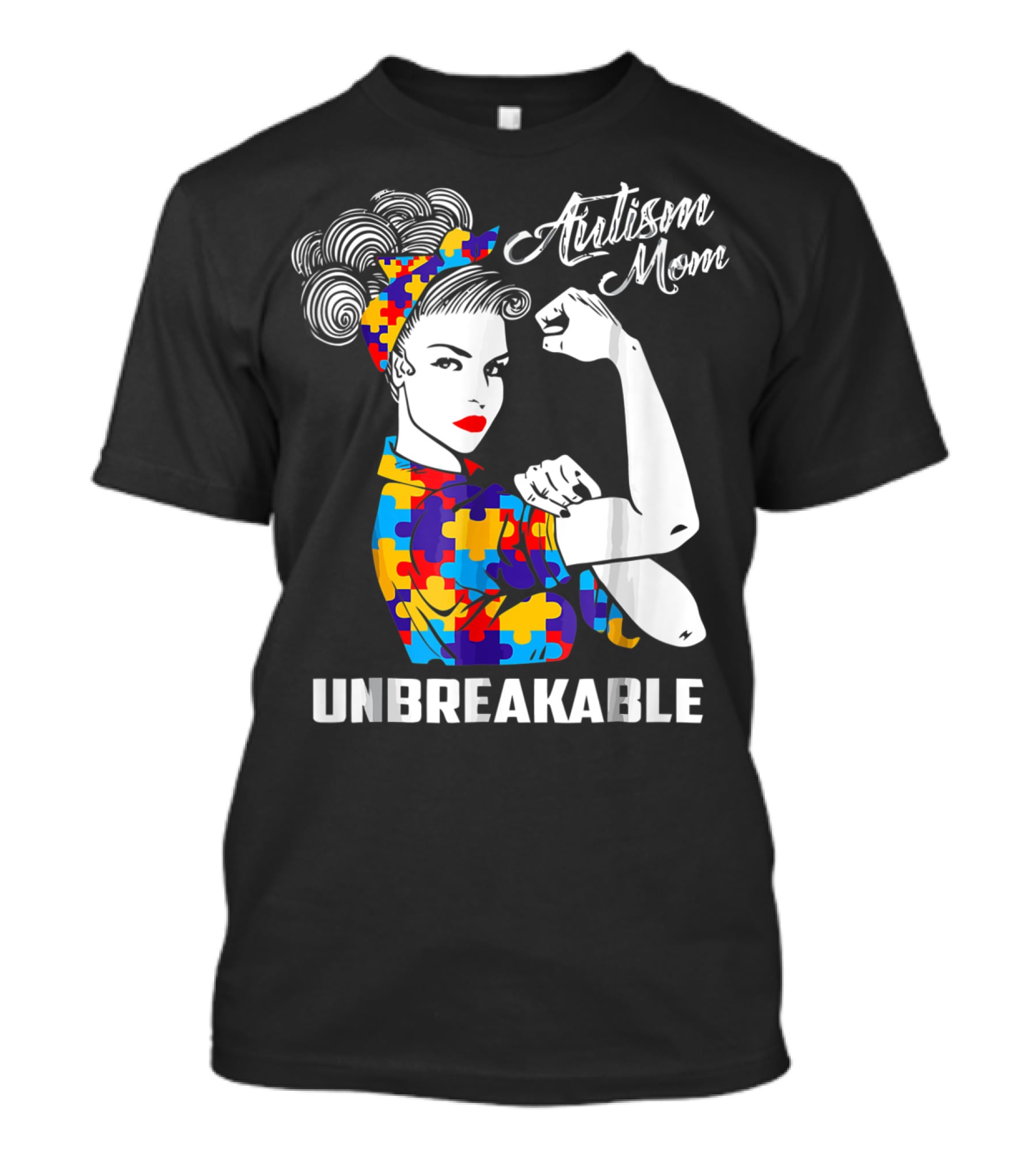 Autism Mom Unbreakable Autism Awareness Rosie The Riveter Puzzle T-Shirt